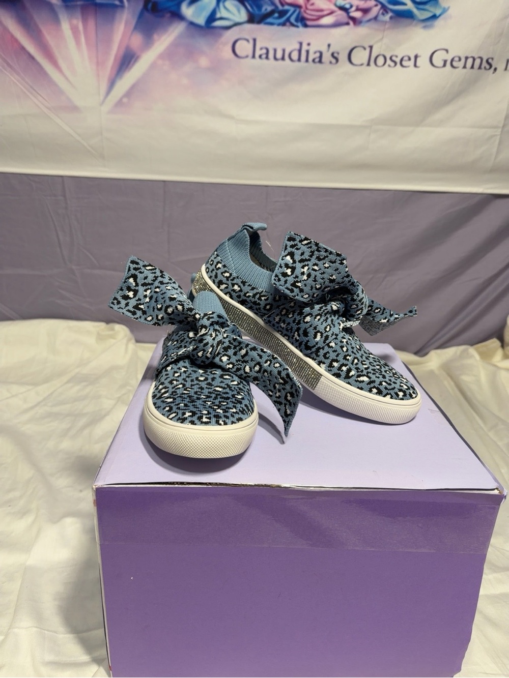 Women Bernie Mev Blue Leopard Print Slip-On Sneakers with Bow